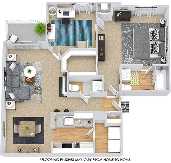 Floor plan for 1 bed, 1.5 baths, 920 sqft